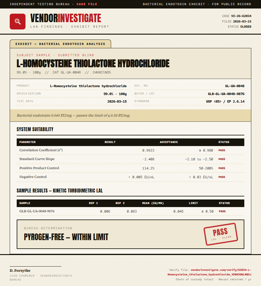 L-Homocysteine thiolactone hydrochloride Endotoxin report by VendorInvestigate