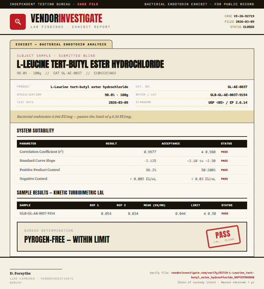 L-Leucine tert-butyl ester hydrochloride Endotoxin report by VendorInvestigate