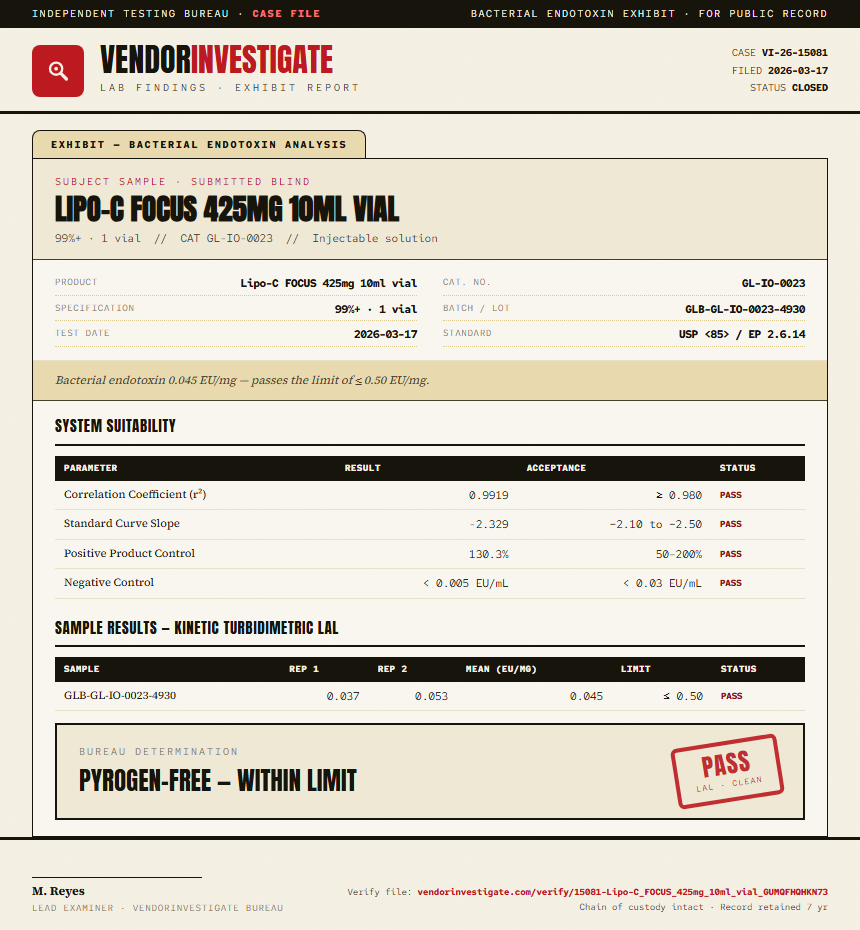 Lipo-C FOCUS 425mg 10ml vial Endotoxin report by VendorInvestigate