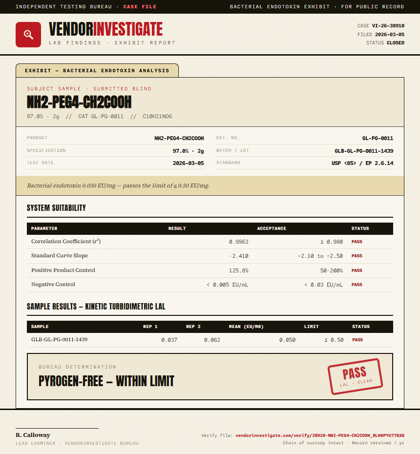NH2-PEG4-CH2COOH Endotoxin report by VendorInvestigate