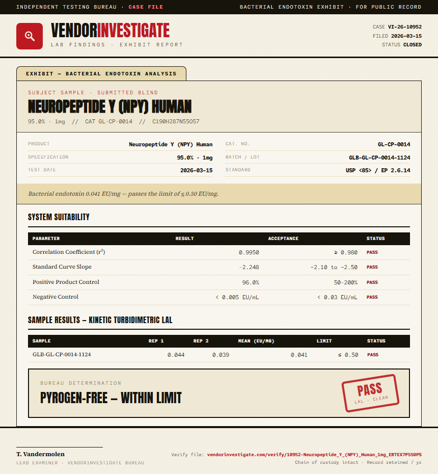 Neuropeptide Y (NPY) Human Endotoxin report by VendorInvestigate
