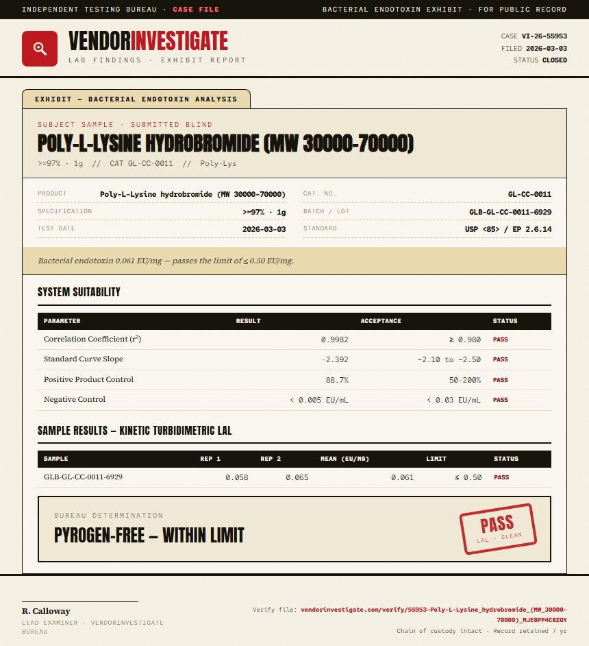 Poly-L-Lysine hydrobromide (MW 30000-70000) Endotoxin report by VendorInvestigate