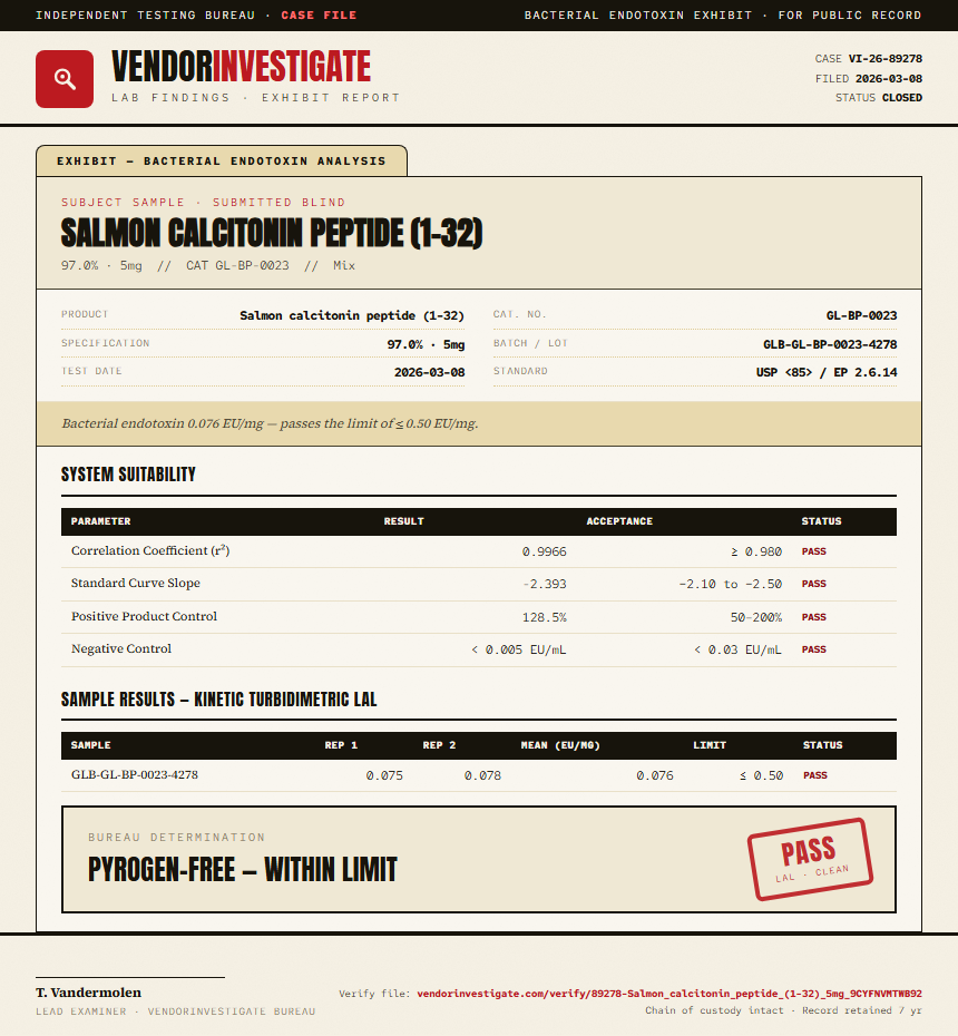 Salmon calcitonin peptide (1-32) Endotoxin report by VendorInvestigate