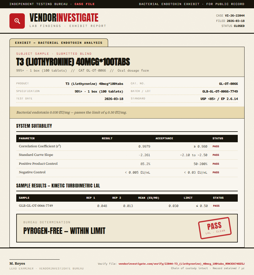 T3 (Liothyronine) 40mcg*100tabs Endotoxin report by VendorInvestigate