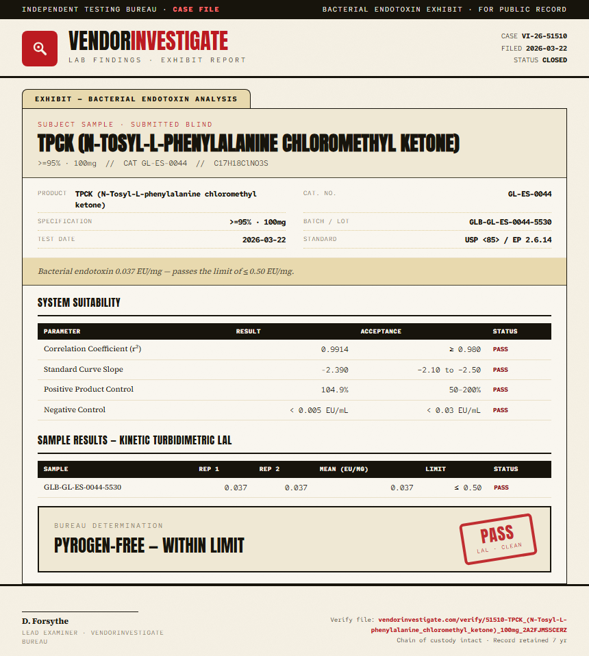 TPCK (N-Tosyl-L-phenylalanine chloromethyl ketone) Endotoxin report by VendorInvestigate