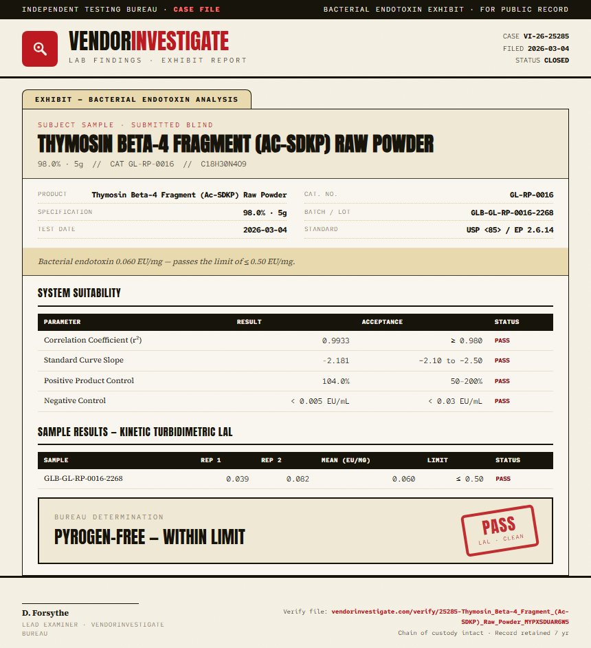 Thymosin Beta-4 Fragment (Ac-SDKP) Raw Powder Endotoxin report by VendorInvestigate