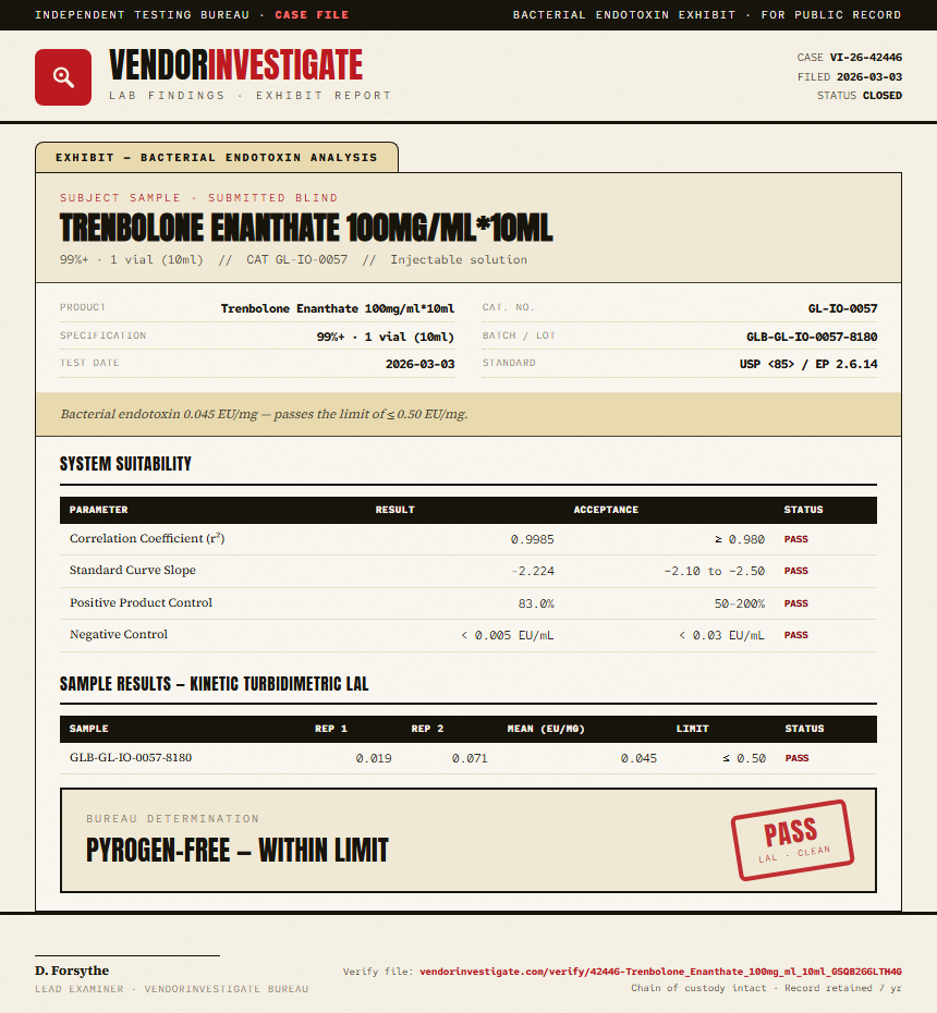 Trenbolone Enanthate 100mg/ml*10ml Endotoxin report by VendorInvestigate