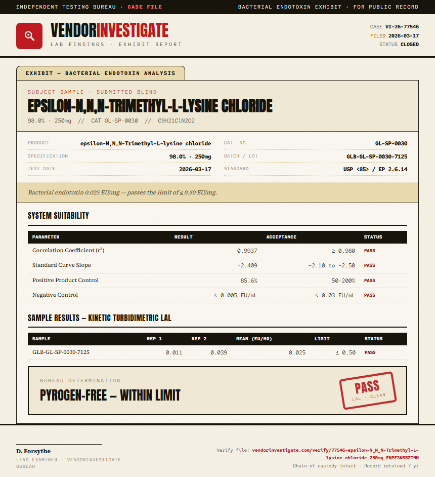 epsilon-N,N,N-Trimethyl-L-lysine chloride Endotoxin report by VendorInvestigate