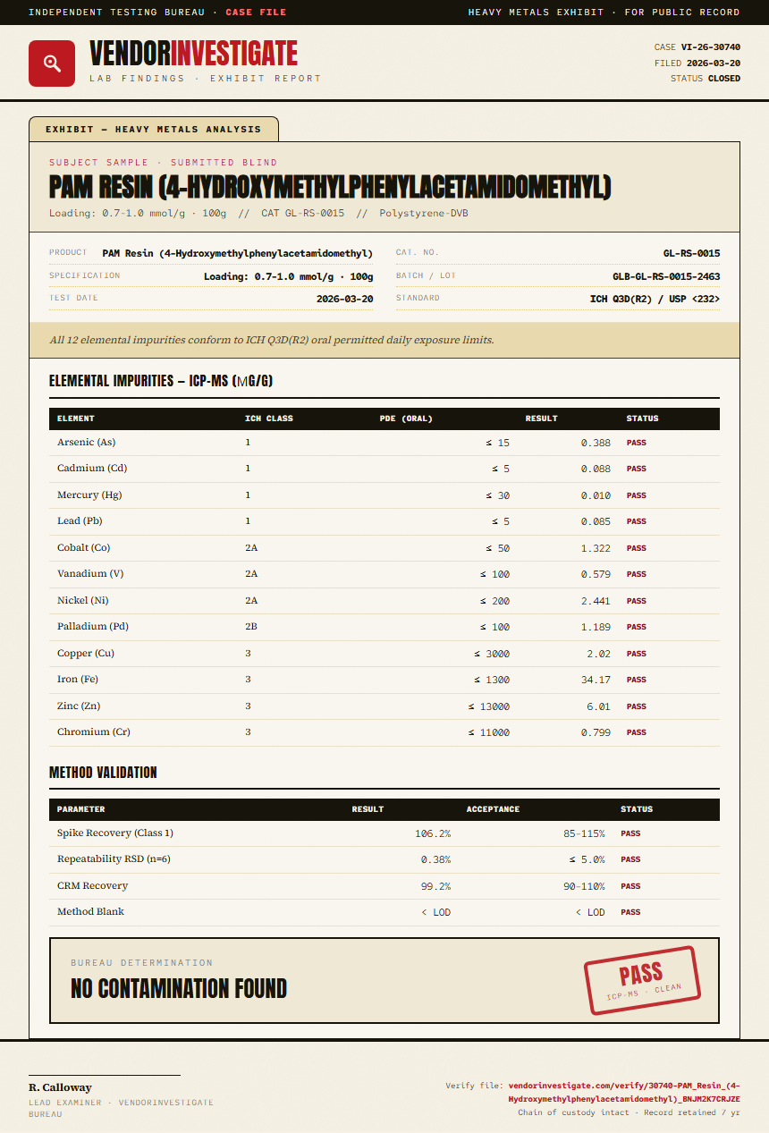 PAM Resin (4-Hydroxymethylphenylacetamidomethyl) Heavy Metals report by VendorInvestigate
