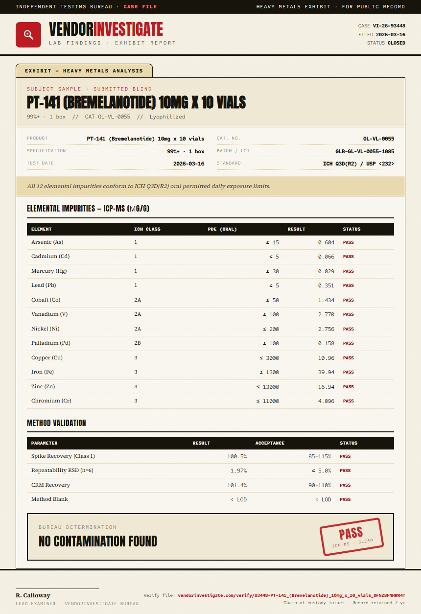 PT-141 (Bremelanotide) 10mg x 10 vials Heavy Metals report by VendorInvestigate