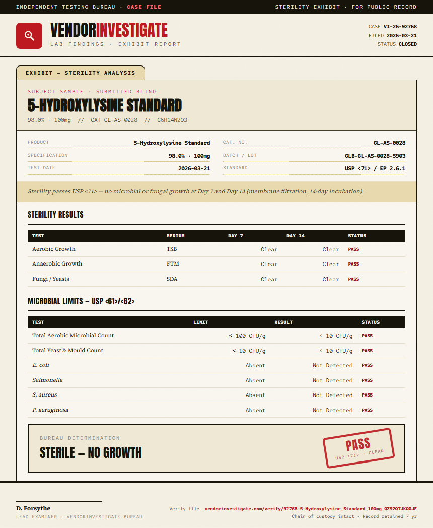 5-Hydroxylysine Standard Sterility report by VendorInvestigate