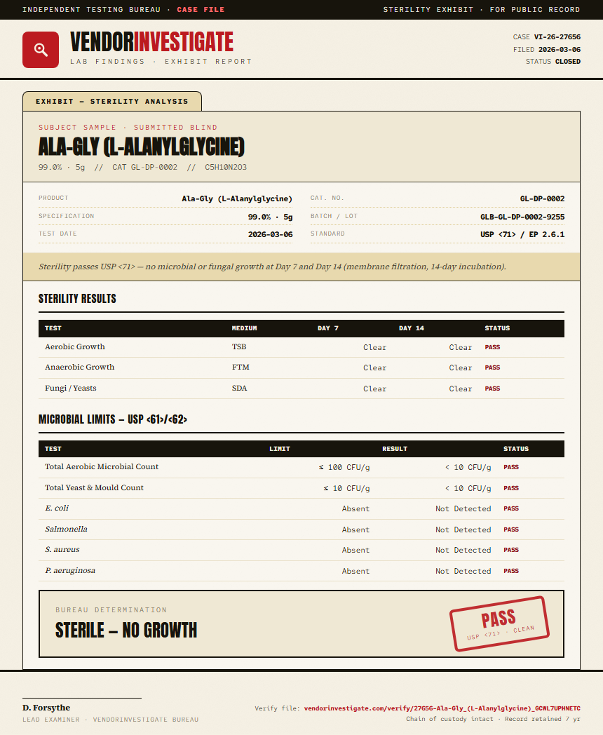 Ala-Gly (L-Alanylglycine) Sterility report by VendorInvestigate