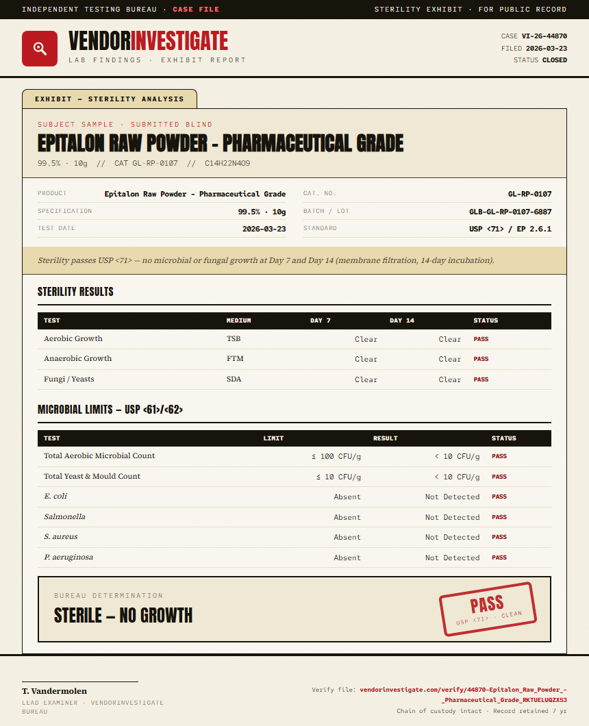 Epitalon Raw Powder - Pharmaceutical Grade Sterility report by VendorInvestigate