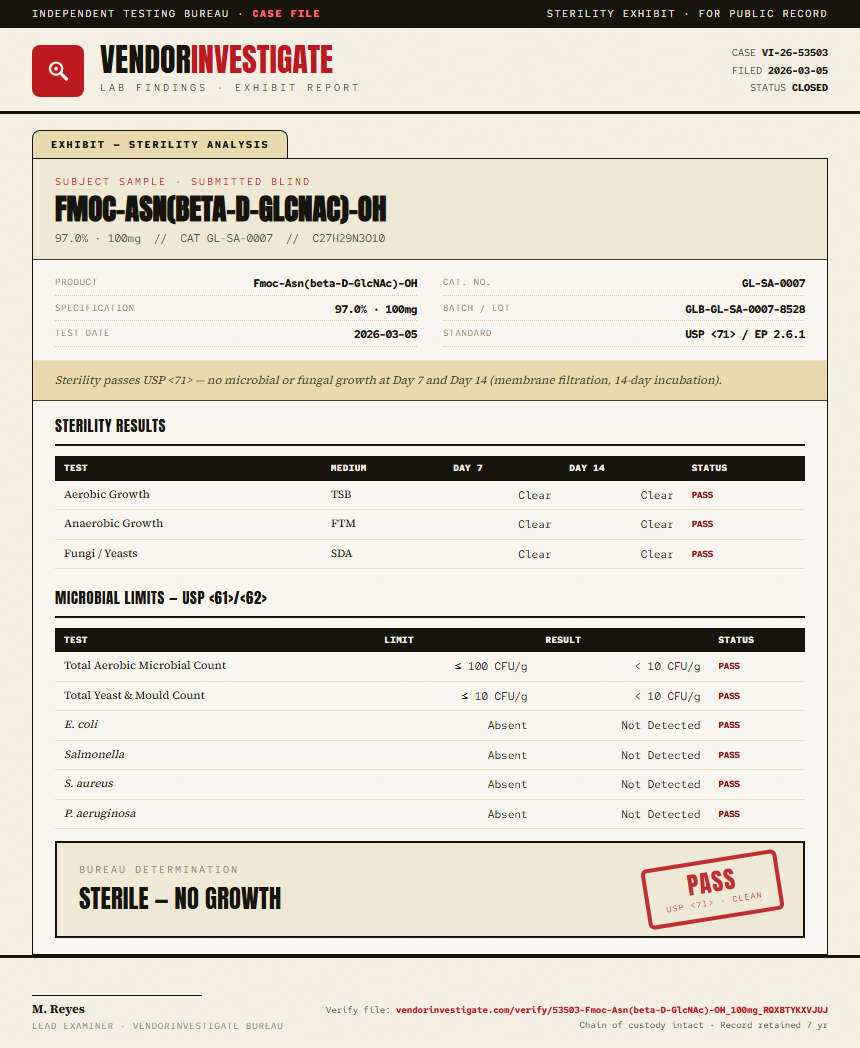 Fmoc-Asn(beta-D-GlcNAc)-OH Sterility report by VendorInvestigate