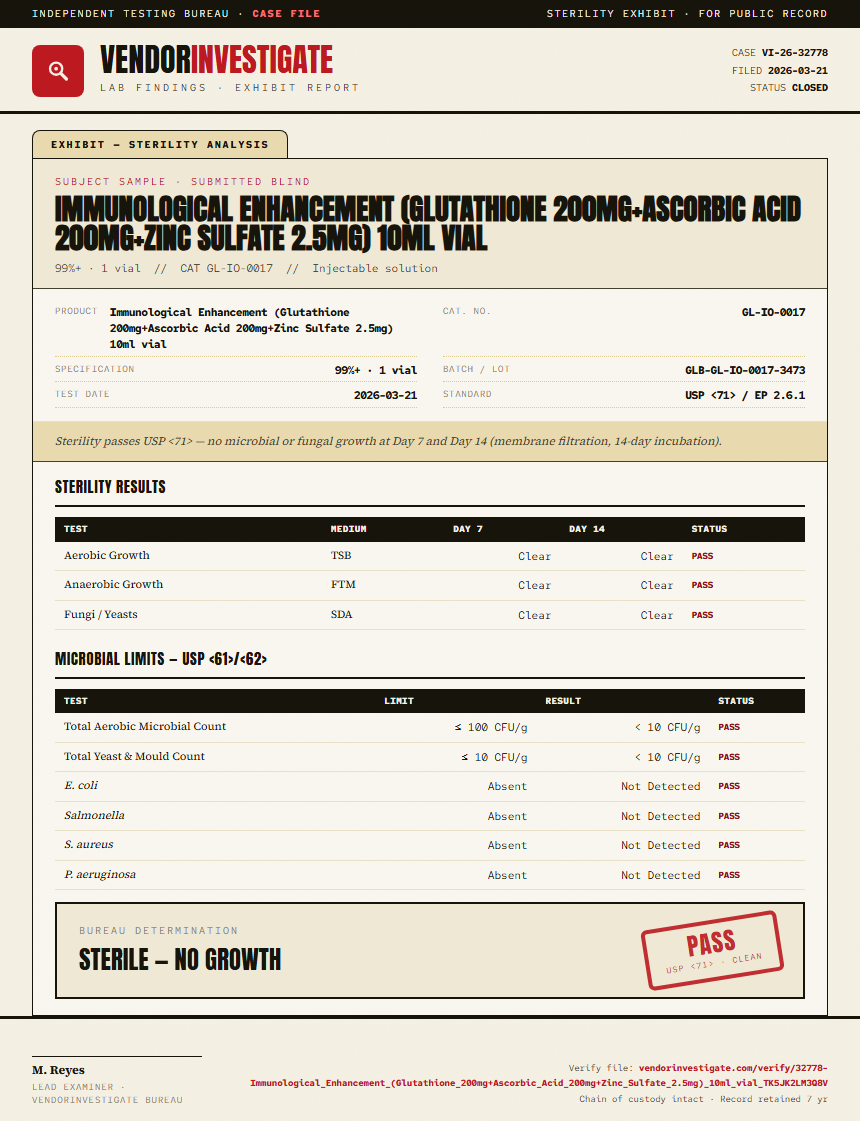 Immunological Enhancement (Glutathione 200mg+Ascorbic Acid 200mg+Zinc Sulfate 2.5mg) 10ml vial Sterility report by VendorInvestigate