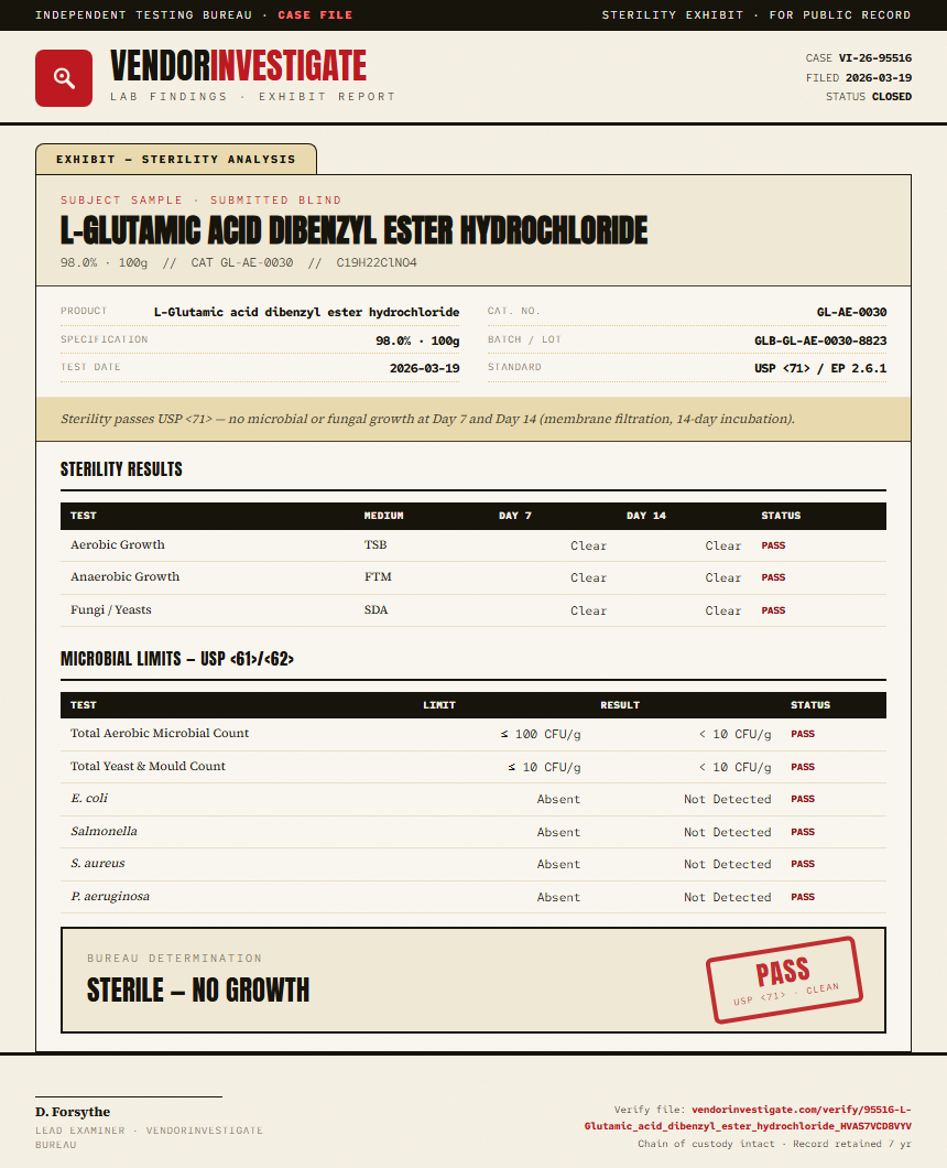 L-Glutamic acid dibenzyl ester hydrochloride Sterility report by VendorInvestigate