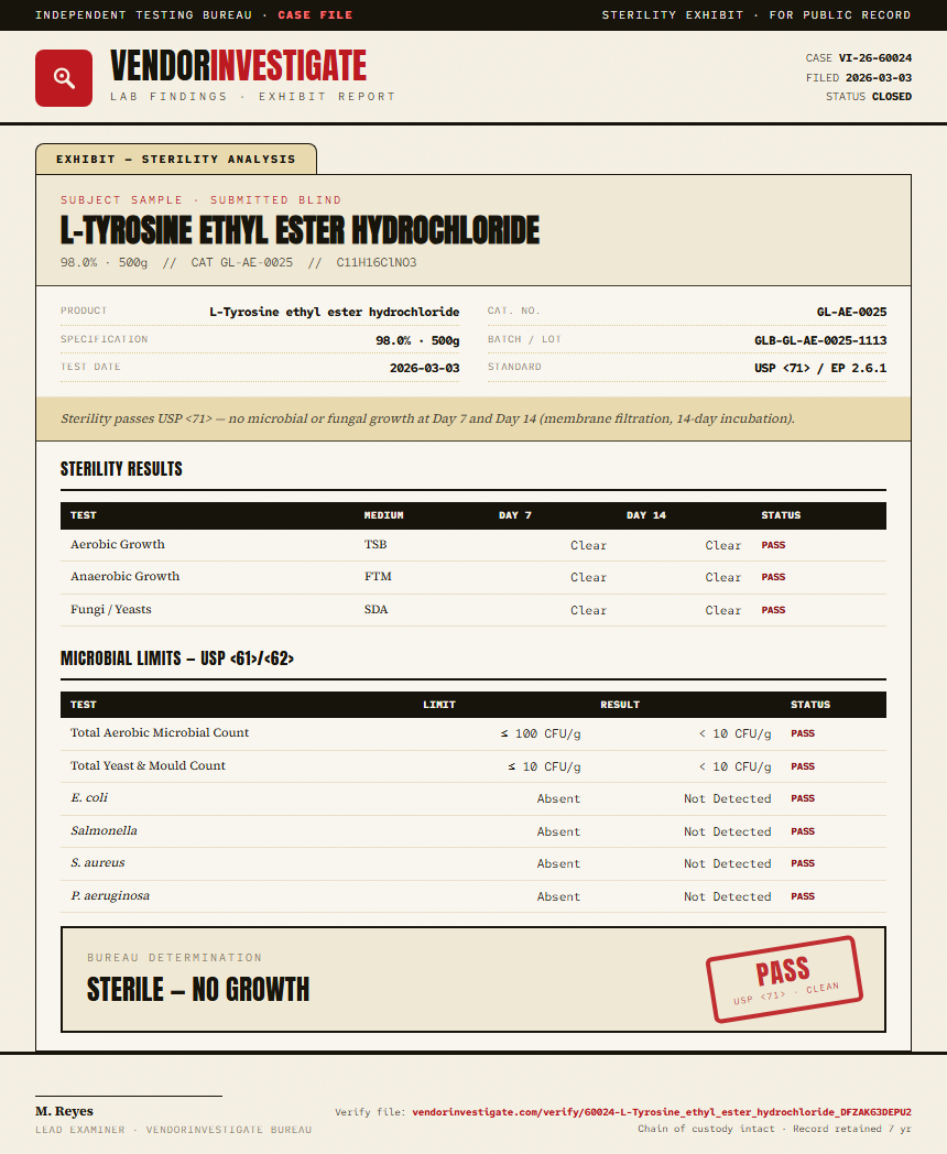 L-Tyrosine ethyl ester hydrochloride Sterility report by VendorInvestigate