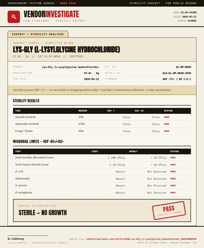 Lys-Gly (L-Lysylglycine hydrochloride) Sterility report by VendorInvestigate