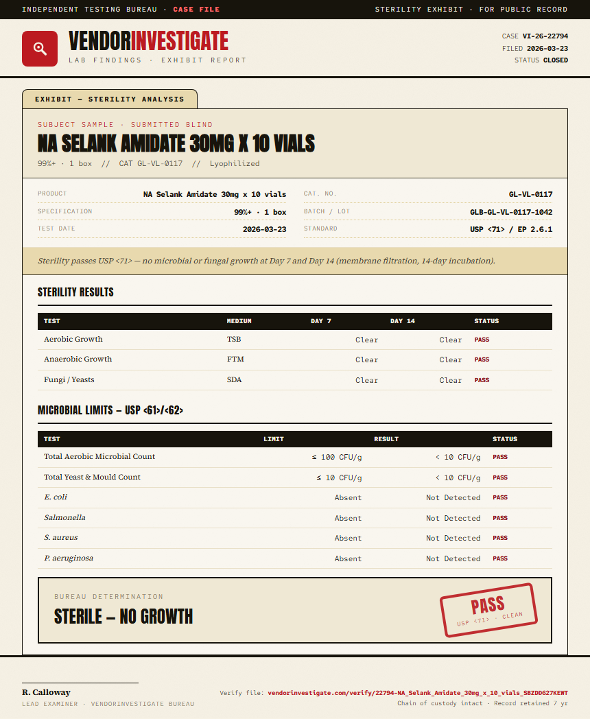 NA Selank Amidate 30mg x 10 vials Sterility report by VendorInvestigate