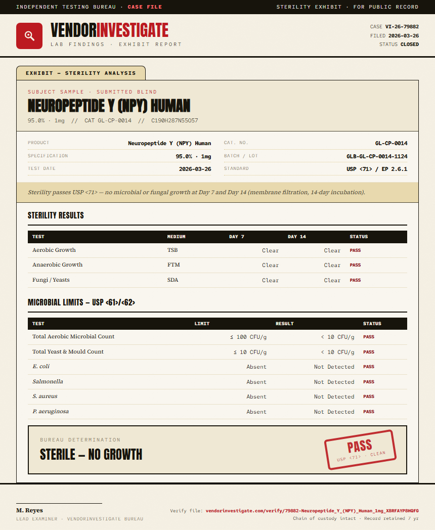 Neuropeptide Y (NPY) Human Sterility report by VendorInvestigate