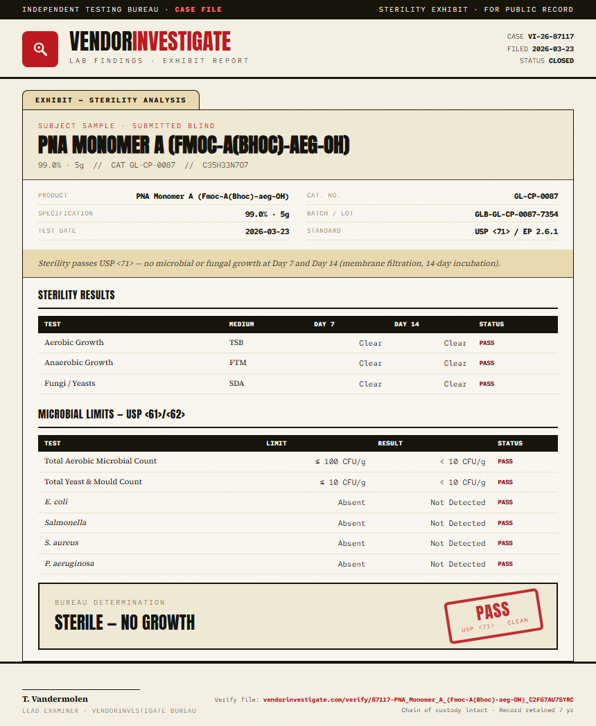 PNA Monomer A (Fmoc-A(Bhoc)-aeg-OH) Sterility report by VendorInvestigate