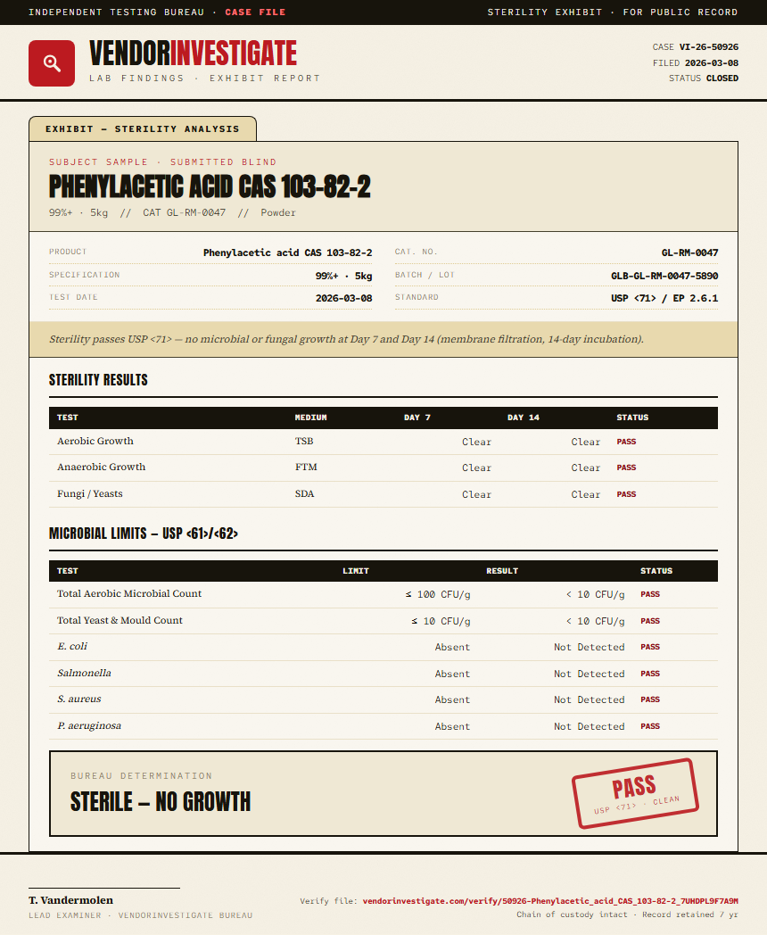 Phenylacetic acid CAS 103-82-2 Sterility report by VendorInvestigate