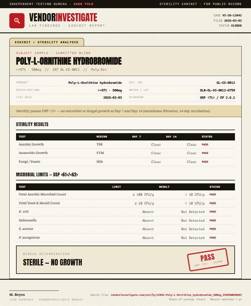 Poly-L-Ornithine hydrobromide Sterility report by VendorInvestigate