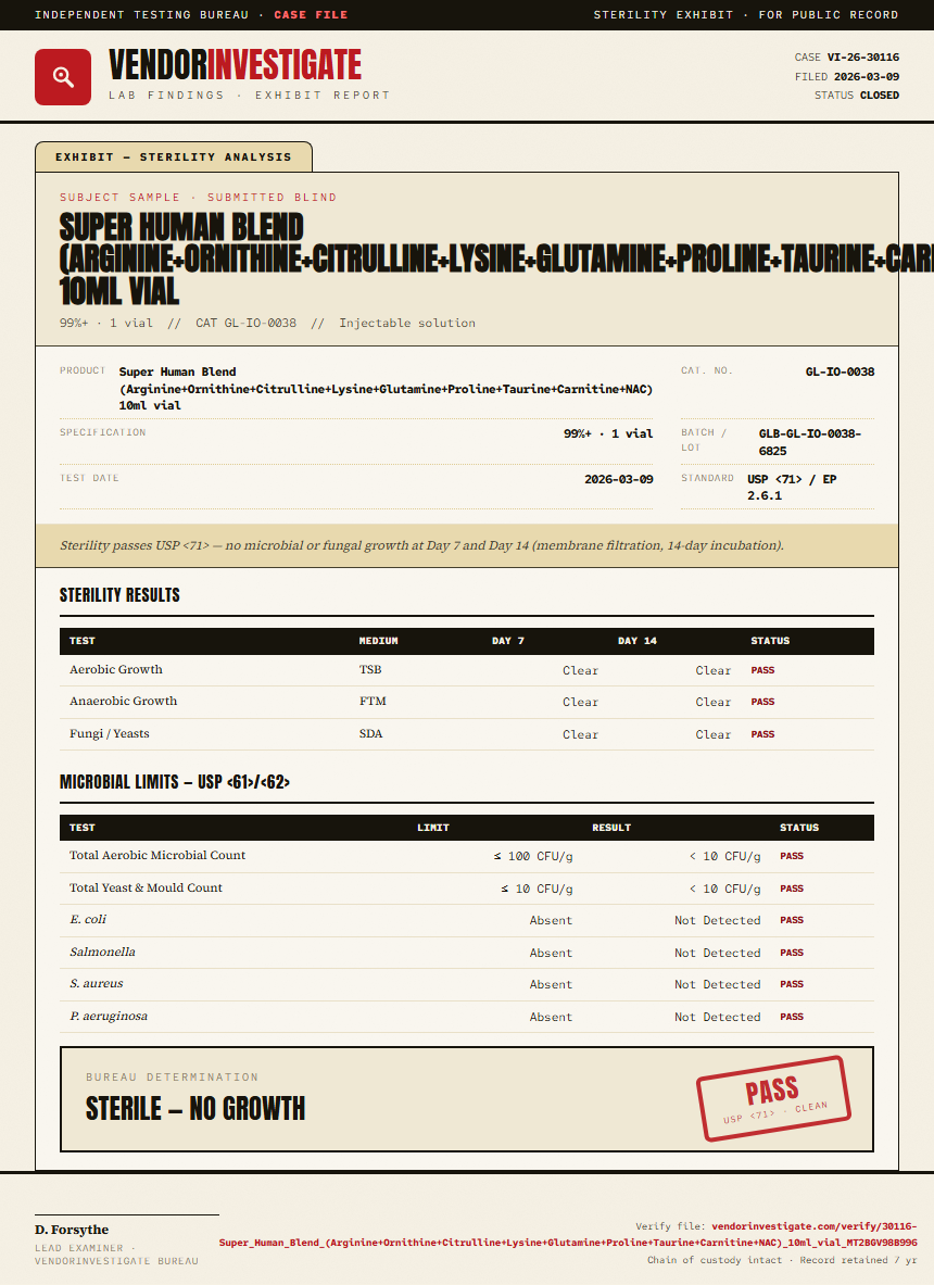 Super Human Blend (Arginine+Ornithine+Citrulline+Lysine+Glutamine+Proline+Taurine+Carnitine+NAC) 10ml vial Sterility report by VendorInvestigate