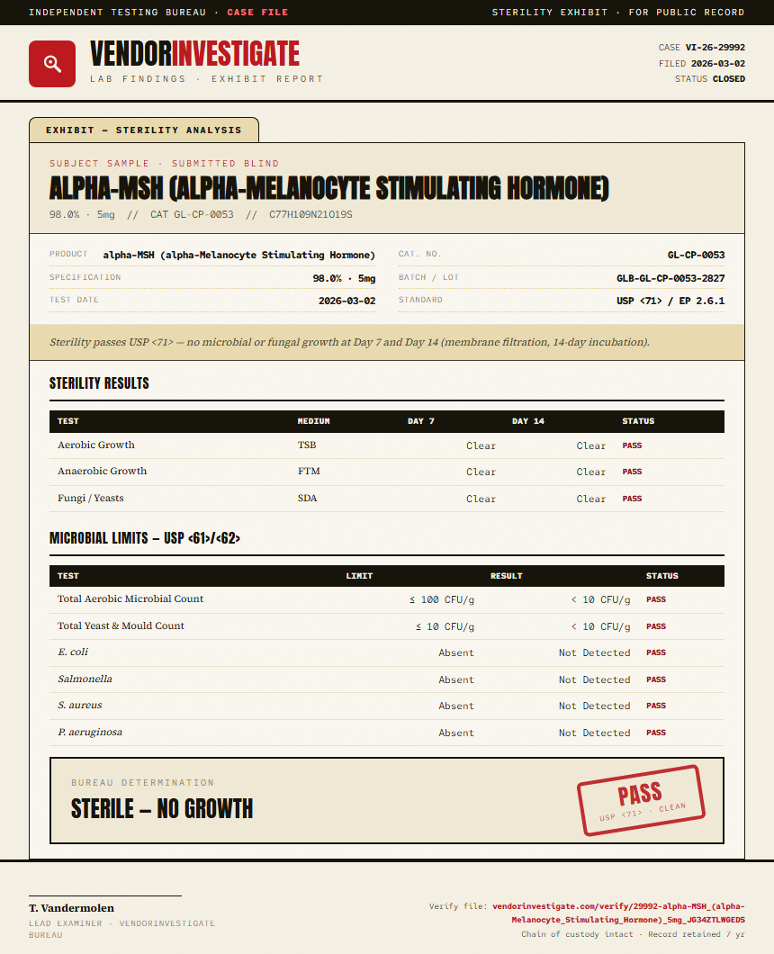 alpha-MSH (alpha-Melanocyte Stimulating Hormone) Sterility report by VendorInvestigate